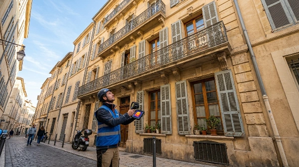 Technicien réalisant un diagnostic technique sur la façade d'une copropriété ancienne à Marseille.