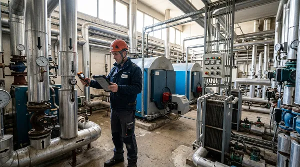 Diagnostiqueur examinant les installations d'une chaufferie collective lors d'un DPE.