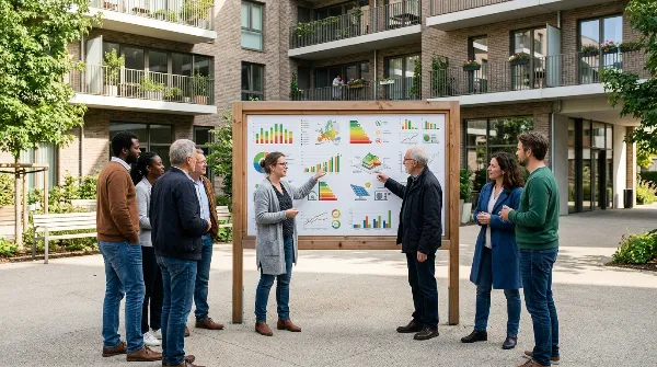 Copropriétaires en discussion devant des graphiques d'énergie, planifiant des travaux de rénovation.