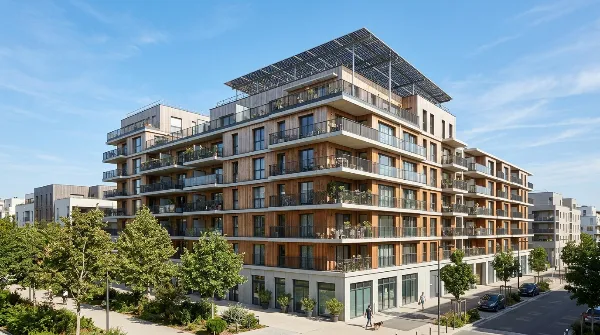 Façade d'un immeuble d'habitation avec des panneaux solaires en toiture, illustrant l'efficacité énergétique collective.