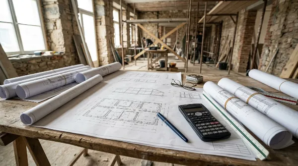 Documents techniques, plan de bâtiment, calculatrice et stylo sur une table pour un diagnostic.