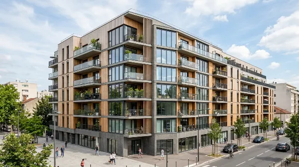 Façade d'un immeuble collectif moderne avec des balcons et des fenêtres, vue extérieure.