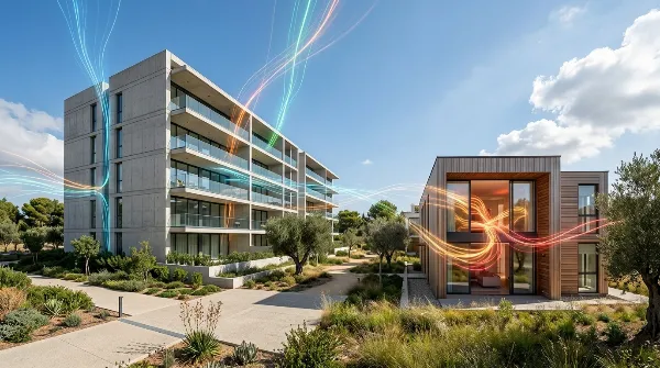 Comparaison visuelle entre un diagnostic de performance énergétique pour un bâtiment collectif et un logement individuel.