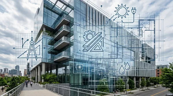 Schémas techniques et plans d'un bâtiment, illustrant l'analyse détaillée d'un DTG.