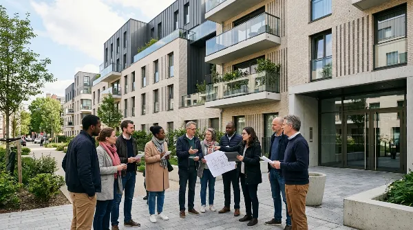 Copropriétaires discutant des travaux devant leur immeuble, illustrant l'élaboration du PPT.