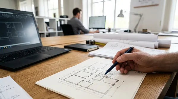 Plan pluriannuel de travaux affiché sur une table avec un stylo et des documents de copropriété.