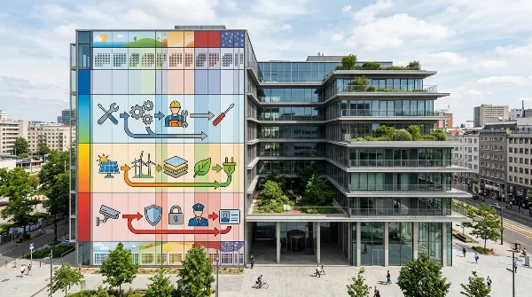 Représentation visuelle des travaux de rénovation et de maintenance sur un immeuble.