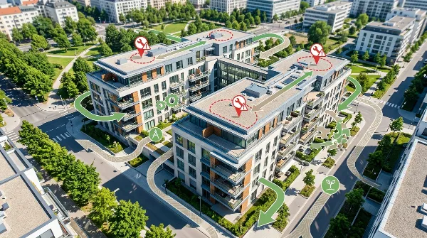 Illustration d'un immeuble de copropriété avec des symboles de planification et d'alerte pour les travaux.